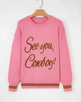 Western See You Cowboy Embroidered Stripe Cuff Sweater