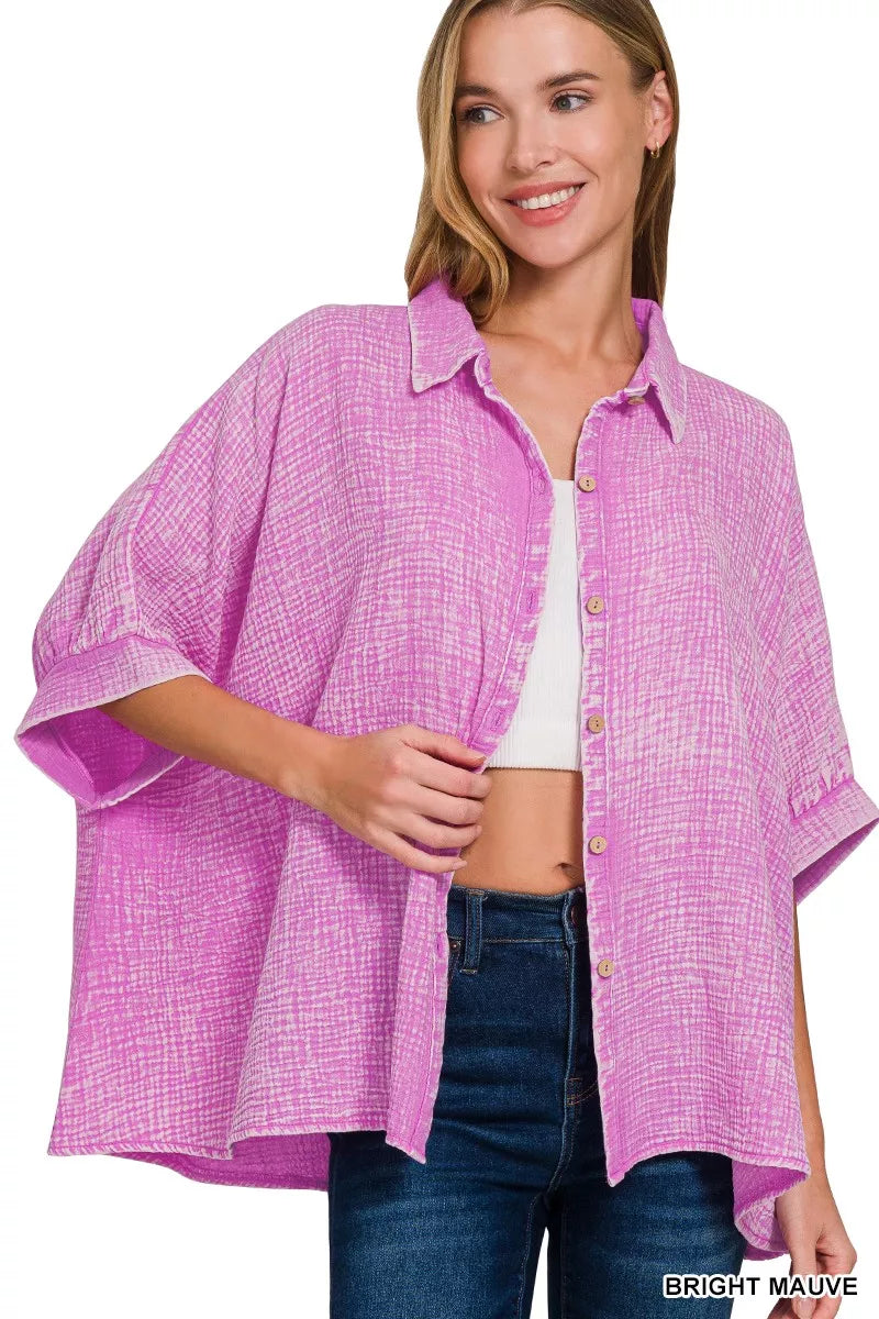 Zenana Washed Double Gauze Button Down Half Sleeve Shirt in Mauve