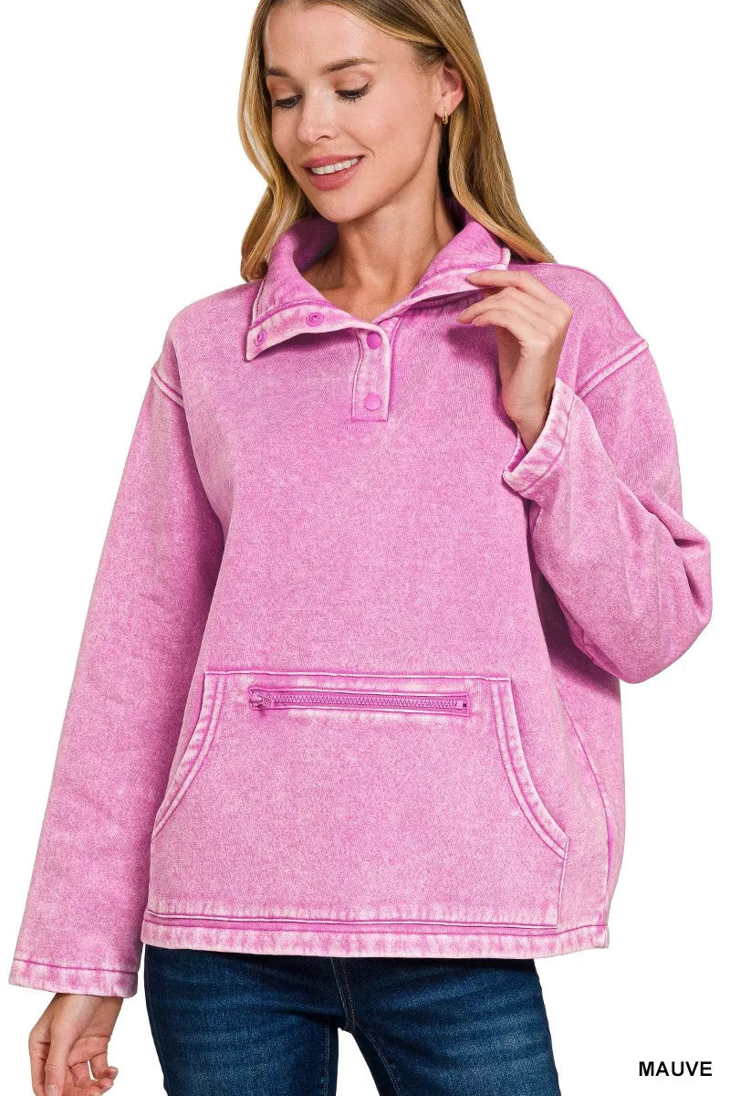 Zenana Fleece Washed High Neck Kangaroo Pocket Sweatshirt in Mauve