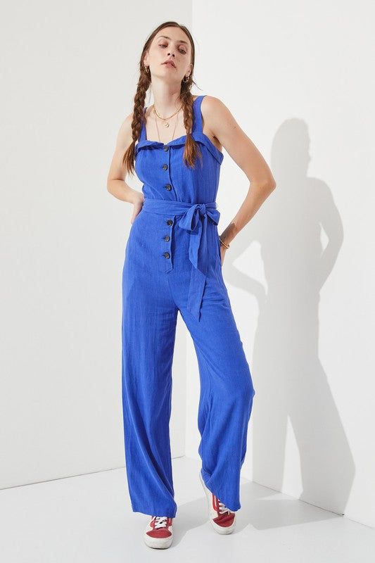 Jade By Jane Sleeveless Square Neck Button Down Ankle Jumpsuit