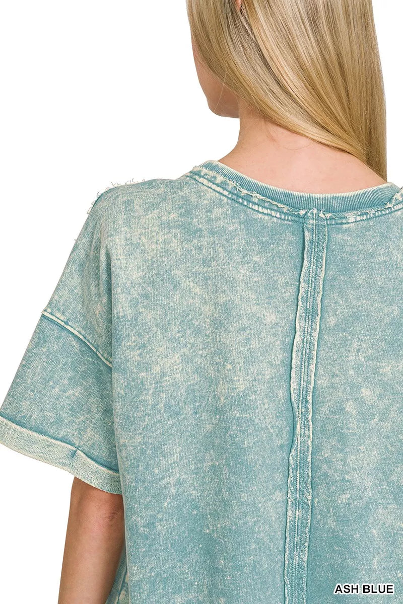 Zenana French Terry Acid Washed T-Shirt in Ash Blue
