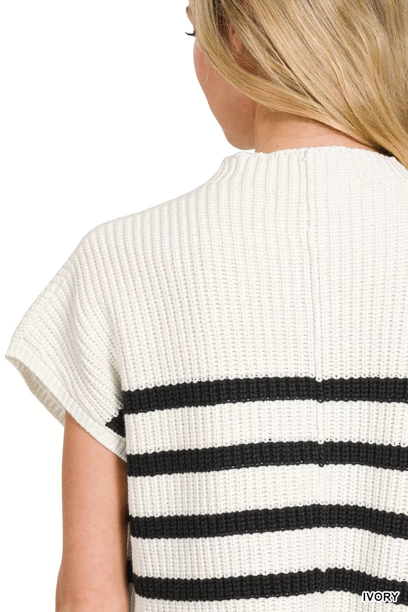 Zenana Short Sleeve Stripe Sweater in Ivory