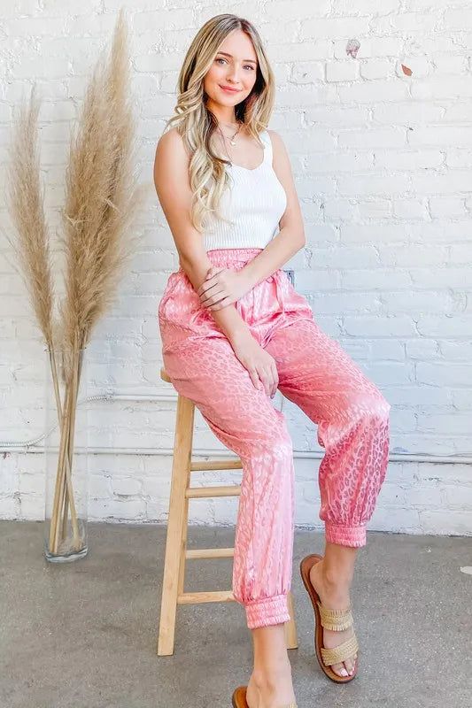 And The Why Satin Leopard Print Joggers in Pink