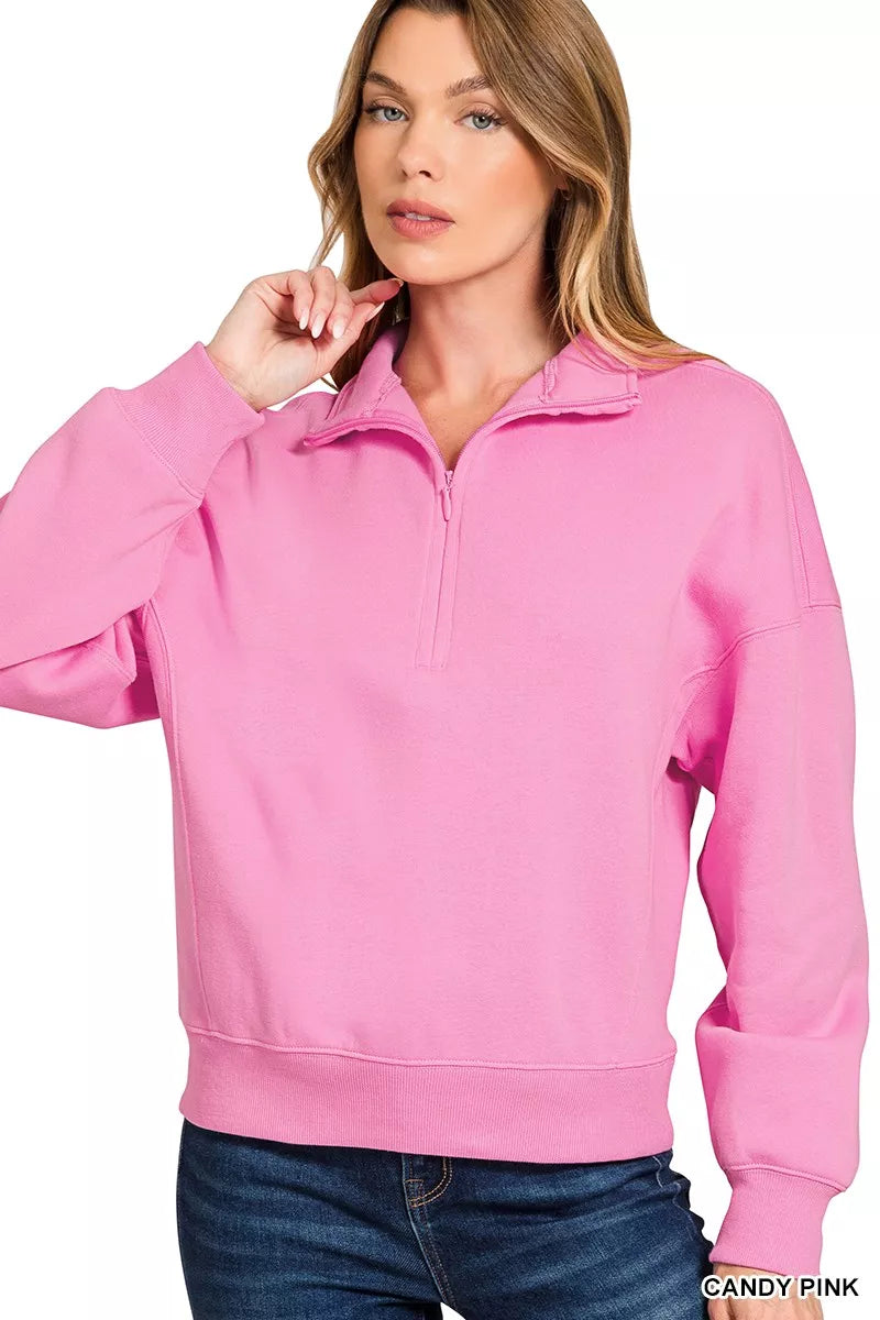 Zenana Fleece High Neck Half Zip Sweatshirt in Candy