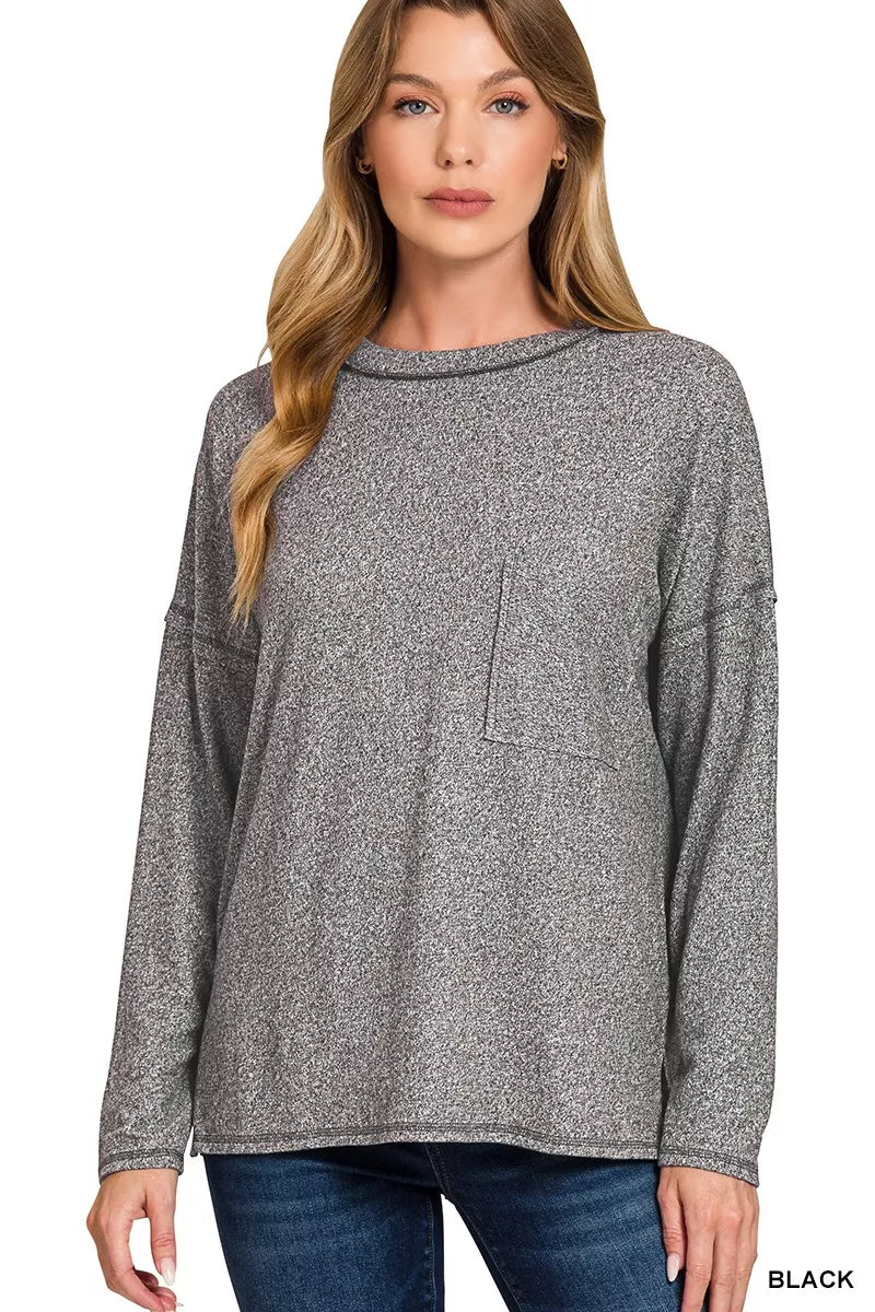Zenana Soft Melange Hacci Round-Neck Long Sleeve T-Shirt in Black