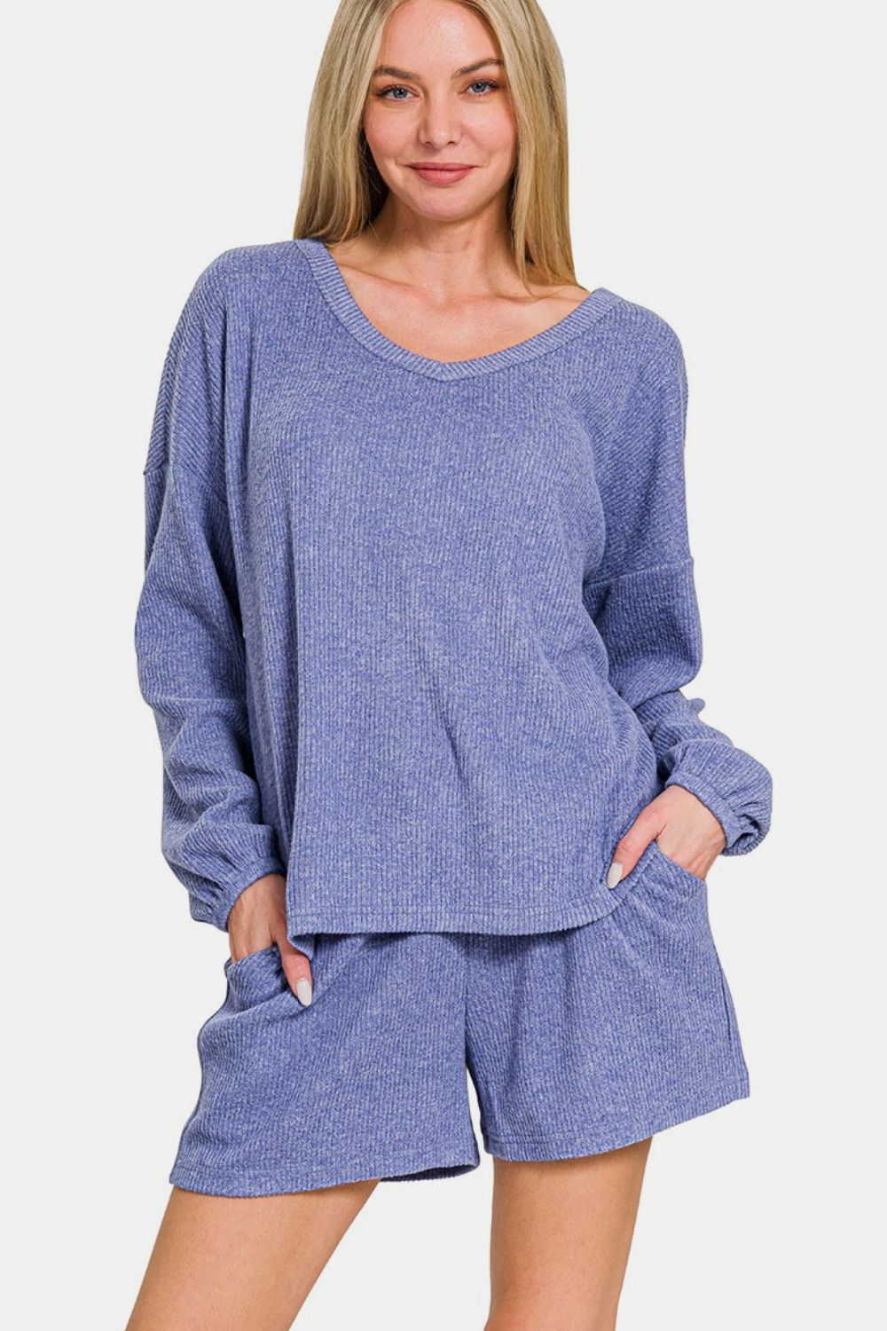 Zenana V-Neck Long Sleeve Ribbed Top and Shorts Set in Purple