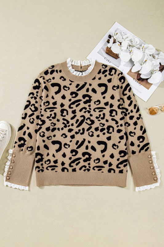 Plus Size Leopard Knit Lacy Trim Sweater