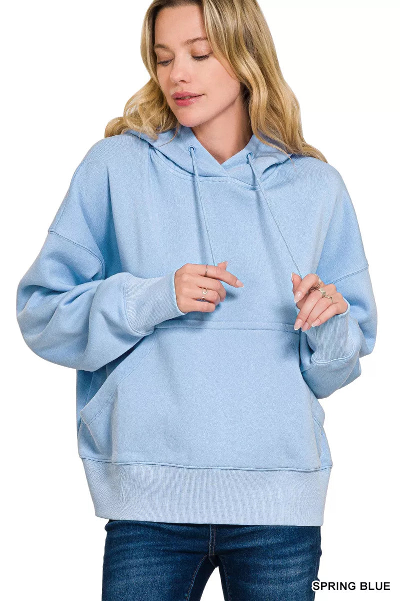 Zenana Oversized Fleece Kangaroo Pocket Hoodie in Blue