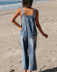 Solid Denim Distressed Bib Pocket Wide Leg Overall