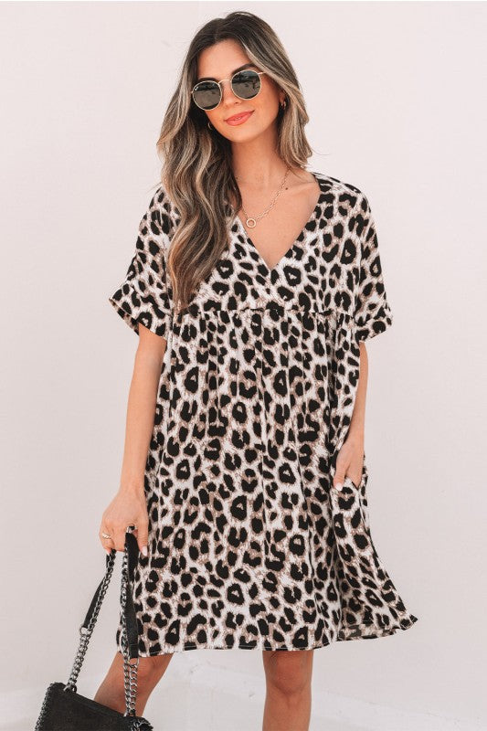Brinley Cheetah Backless V Neck Loose Fit Mini Dre