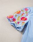 Gingham Floral Embroidered Puff Sleeve Blouse