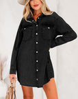 Solid Denim Chest Pocket Raw Hem Shirt Dress