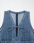 Acid Wash Denim Pleated Tie V-Neck Jumpsuit