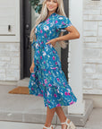 Floral Flutter Sleeve Tie Neck Belted Midi Dress