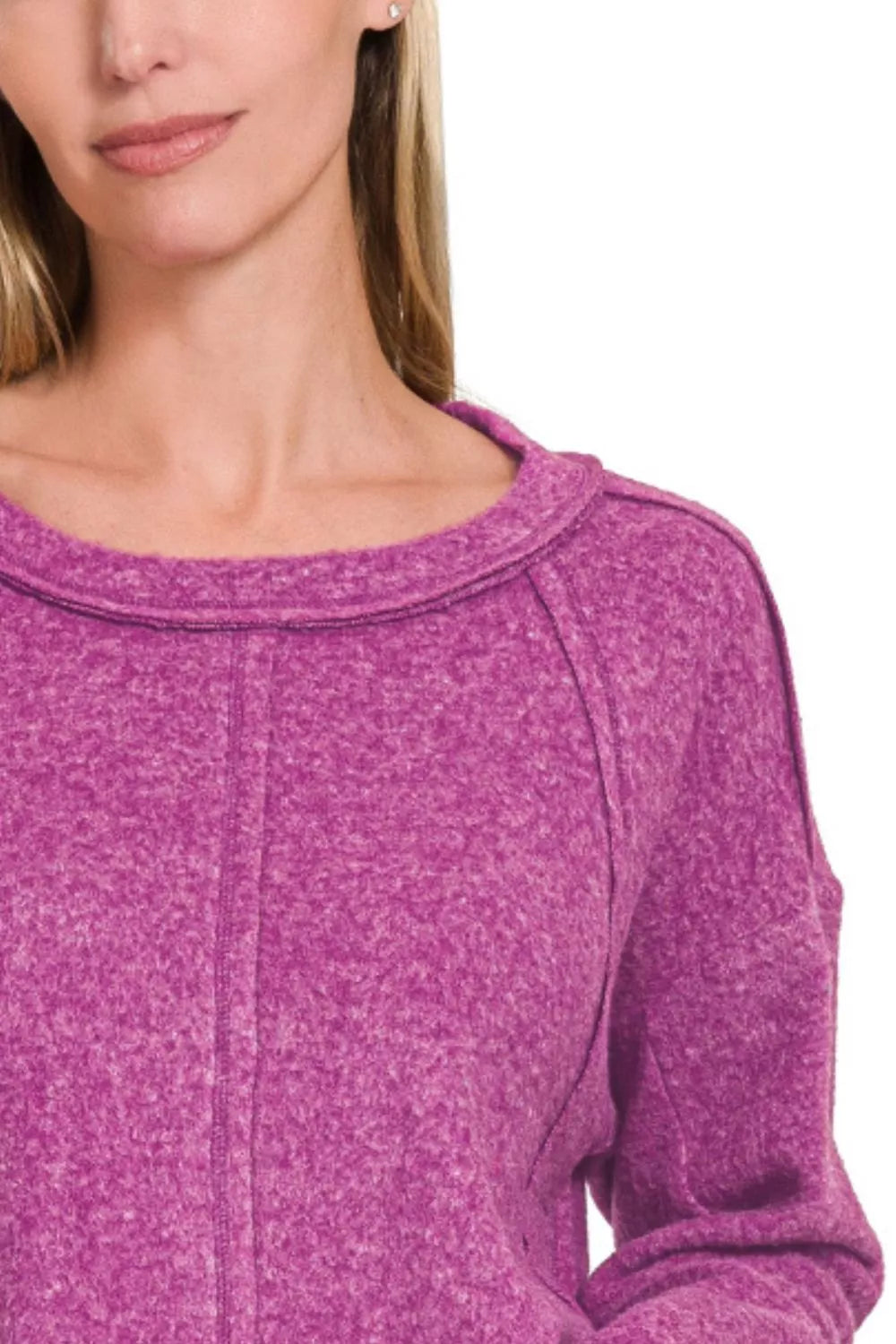 Zenana Brushed Hacci Exposed Seam Hi Low Sweater in Plum