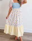 Floral Stripe Colorblock Square Neck Shirred Dress