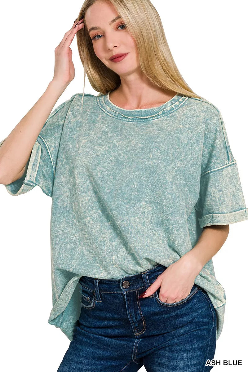 Zenana French Terry Acid Washed T-Shirt in Ash Blue