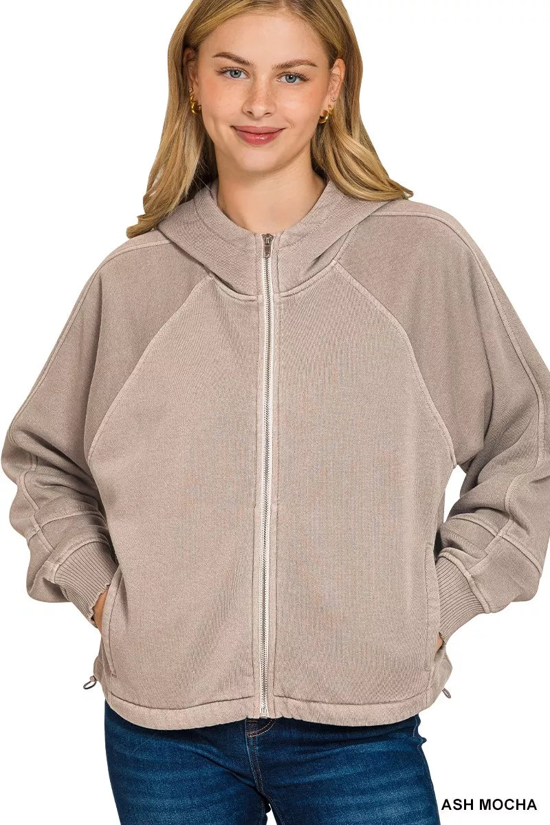 Zenana Fleece Pigment Dye Zip Up Hoodie with Pockets in Mocha