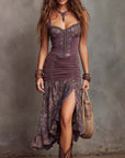 Women's Digital Print Pleated Strapless Maxi Dress – High Waist Button-Up Long Dress