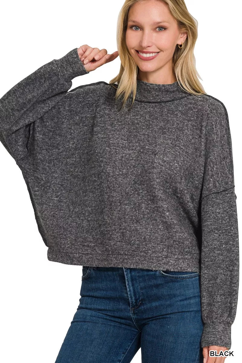 Zenana Brushed Melange Hacci Cropped Sweater in Black