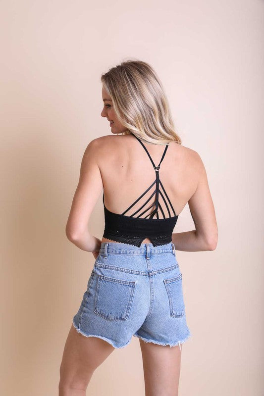 Leto Accessories High Neck Crochet Lace Trim Bralette