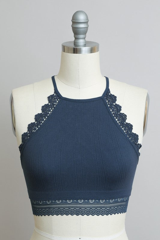 Leto Accessories High Neck Crochet Lace Trim Bralette