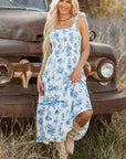 Floral Shirred Bodice Knot Shoulder Maxi Dress