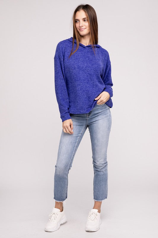 Zenana-Ribbed Brushed Melange Hacci Sweater With A Pocket