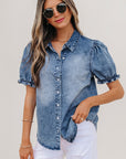 Denim Frilled Short Sleeve Snap Button Shirt