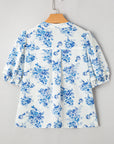 Floral Tiered Puff Sleeve Pleated Bust Buttoned Shirt