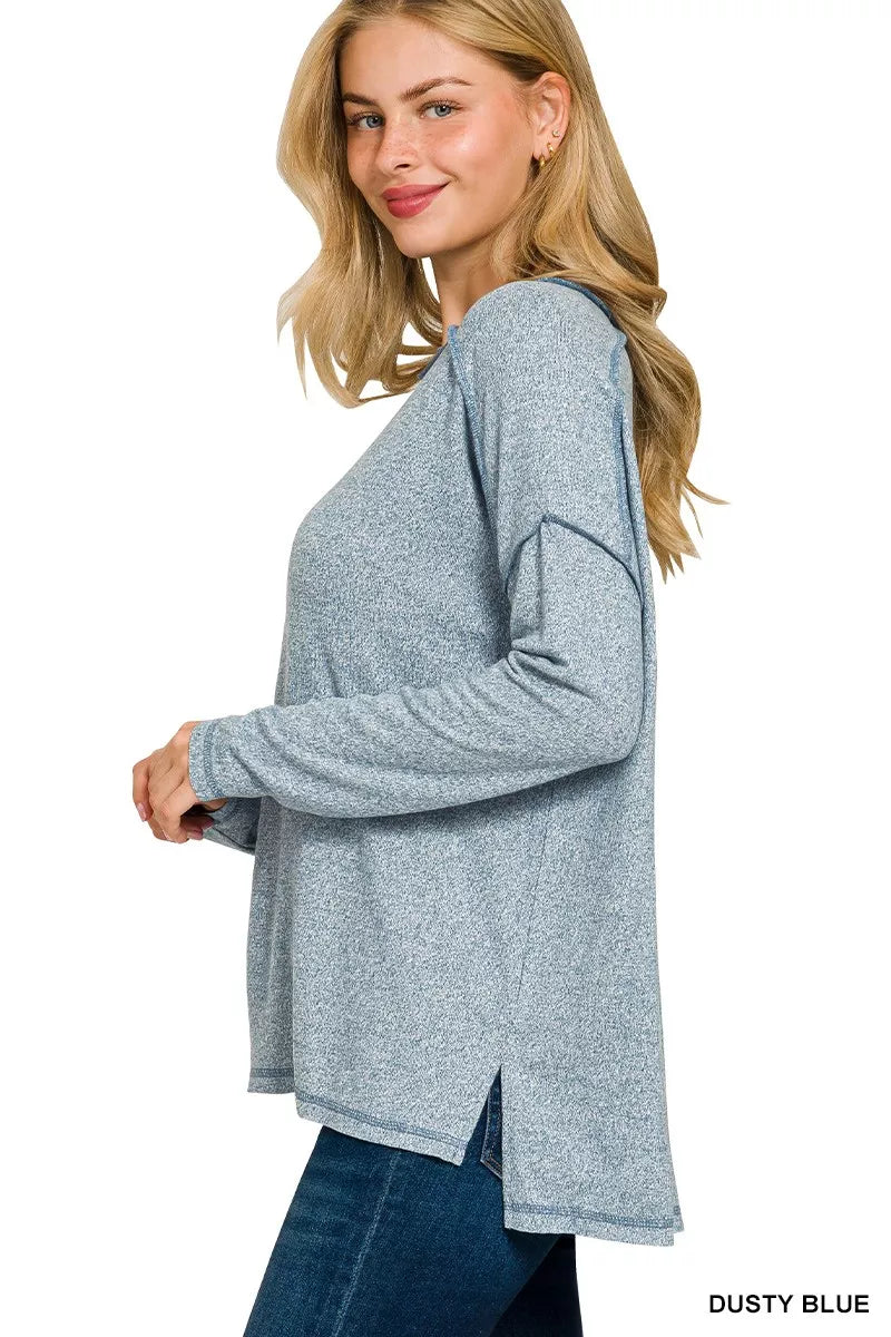 Zenana Full Size Melange Hacci Exposed Seam Hi-low Tee Plus Size in Blue