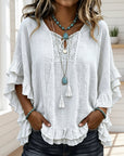 Women's Boho V-Neck Lace-Up Ruffle Sleeve Blouse – Lace Trim