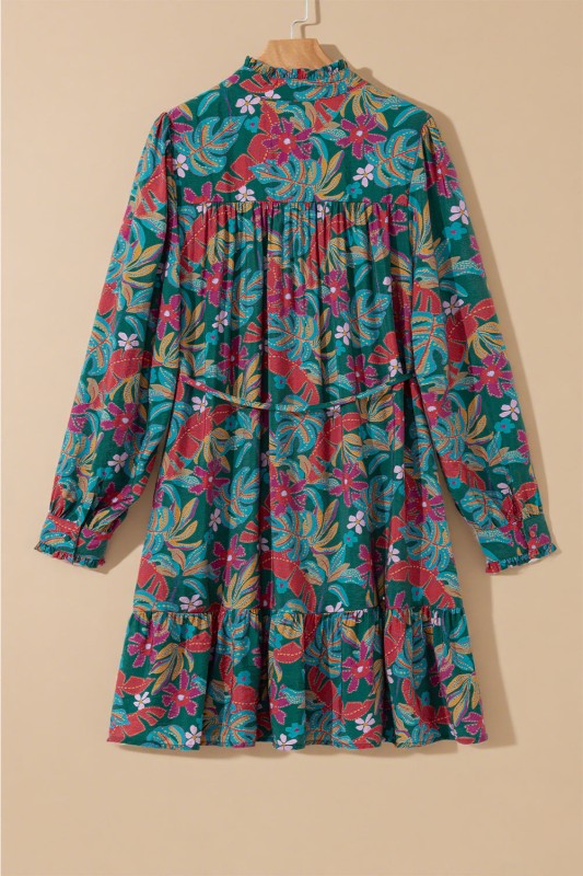 Floral Frilled V-Neck Puff Sleeve Ruffle Shirt Dress