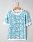 Floral Contrast Crewneck Short Sleeve Sweater