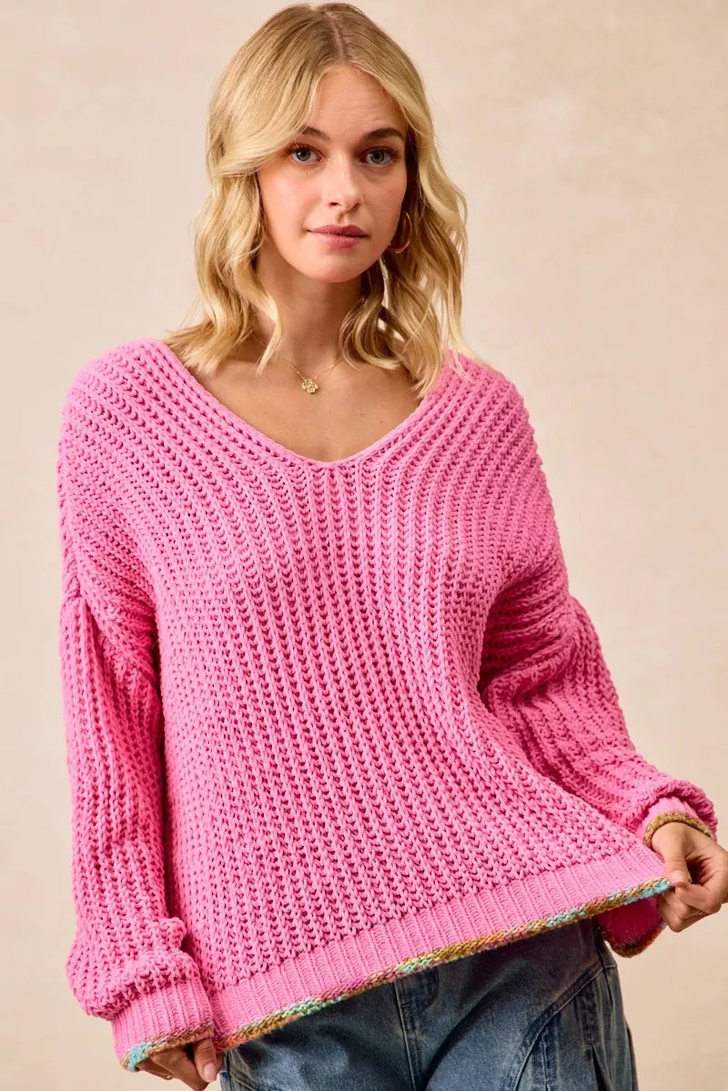 BiBi V-Neck Sweater with Colorful Trim
