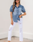 Denim Frilled Short Sleeve Snap Button Shirt