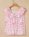 Floral Bow-Back Square Neck Ruffle Sleeve Blouse