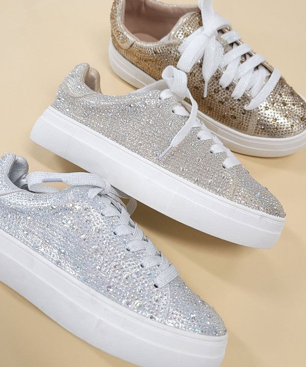 Low Top Laced Sneakers with Rhinestone Details