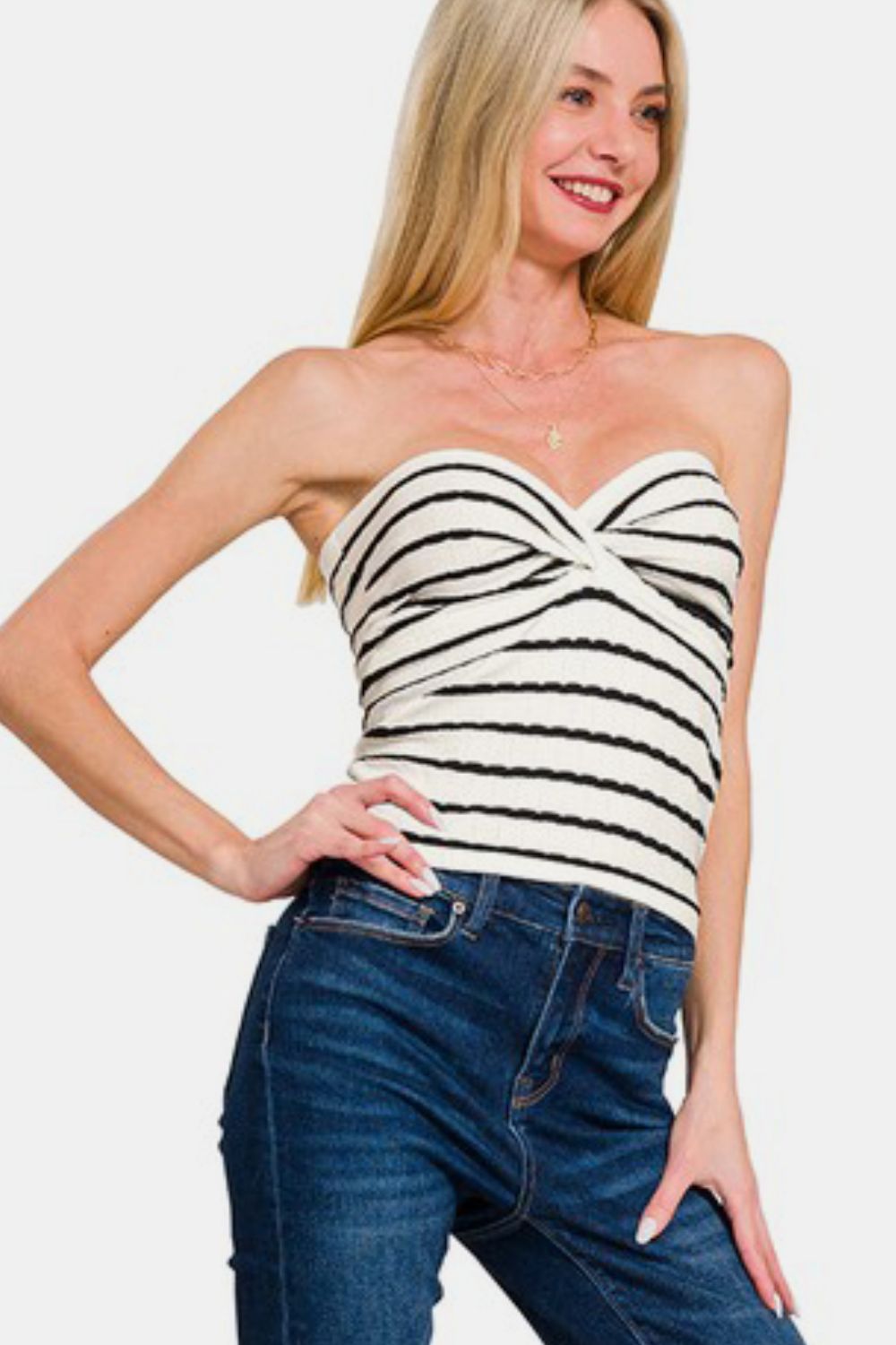 Zenana Twisted Sweetheart Neck Striped Tube Top in Ivory
