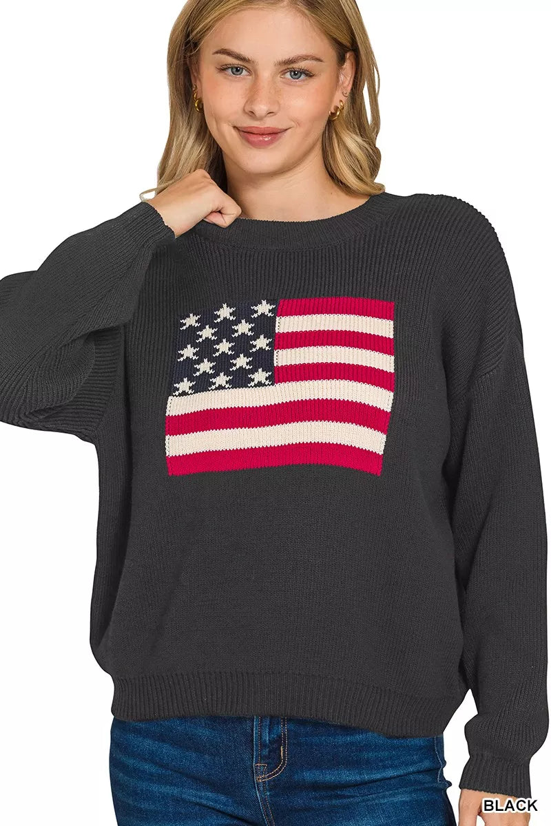 Zenana American Flag Crew Neck Sweater in Black