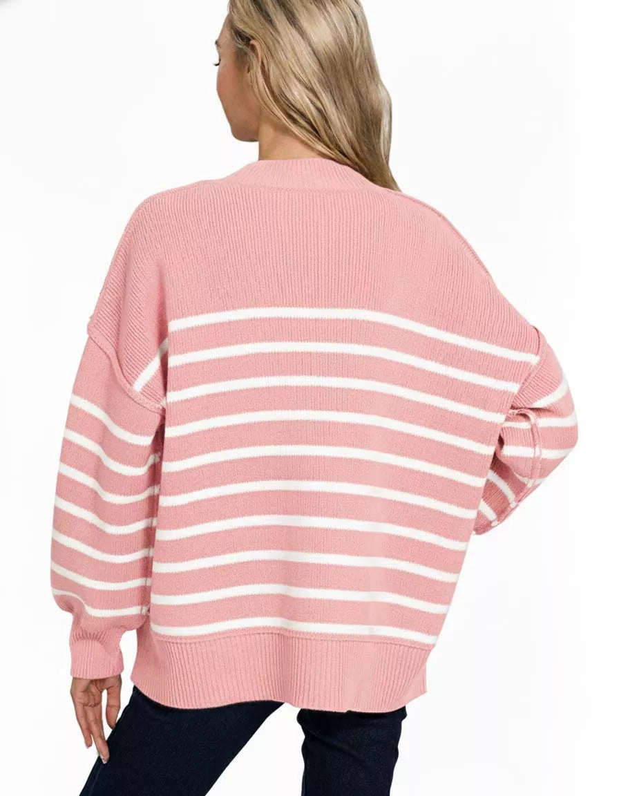Zenana Exposed Seam Striped Oversized Sweater in Pink