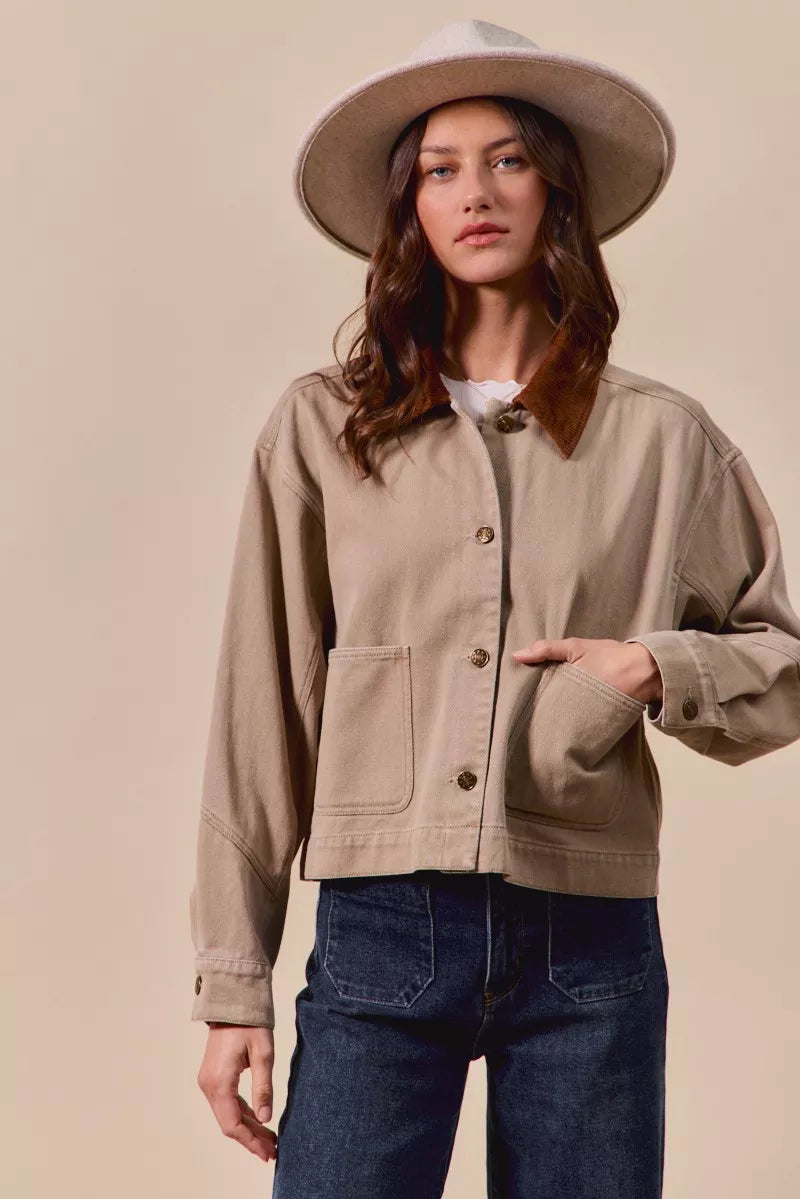 SO ME Cotton Twill Cropped Barn Jacket wtih Collar