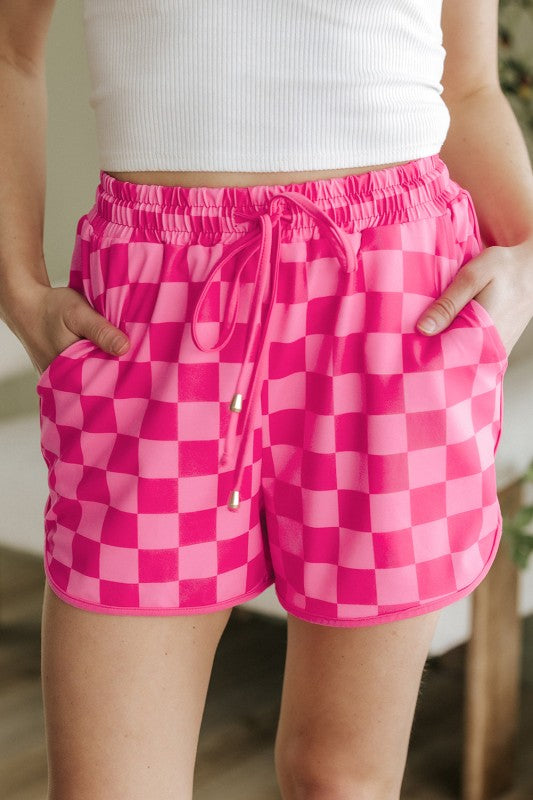 Checker Drawstring Elastic Waist Shorts