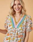 Boho Floral Crochet V-Neck Puff Sleeve Blouse