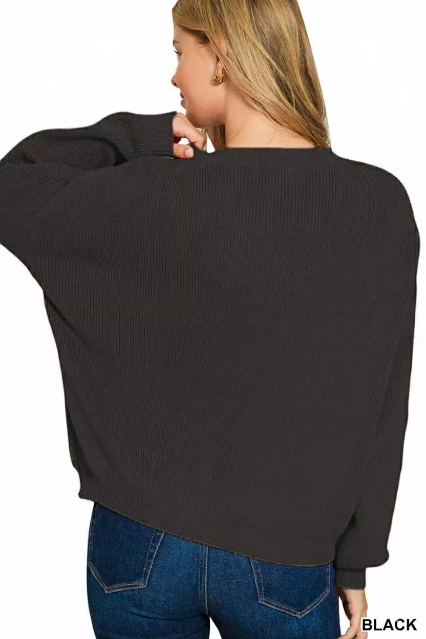 Zenana American Flag Crew Neck Sweater in Black