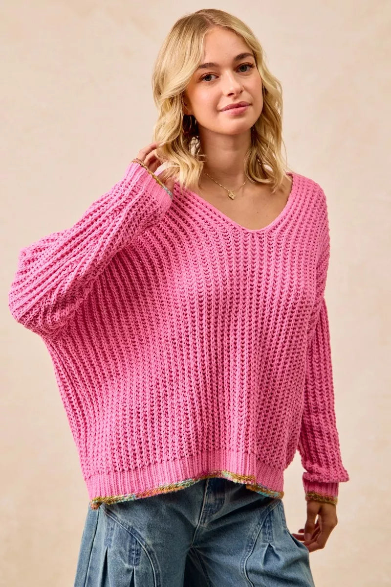 BiBi V-Neck Sweater with Colorful Trim