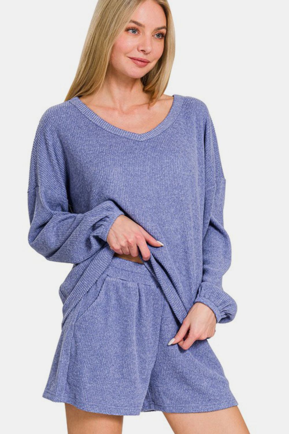 Zenana V-Neck Long Sleeve Ribbed Top and Shorts Set in Purple