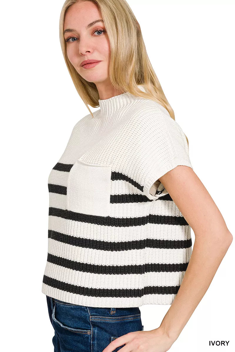 Zenana Short Sleeve Stripe Sweater in Ivory