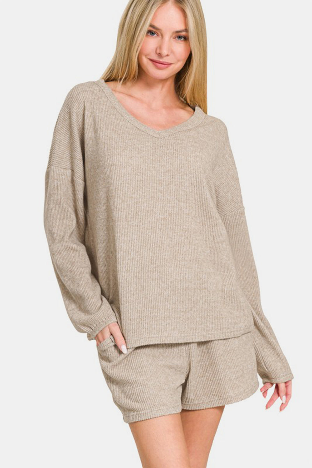 Zenana V-Neck Long Sleeve Ribbed Top and Shorts Set in Khaki