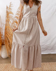 Stripe Flutter Sleeve Buttoned V-Neck Maxi Dress